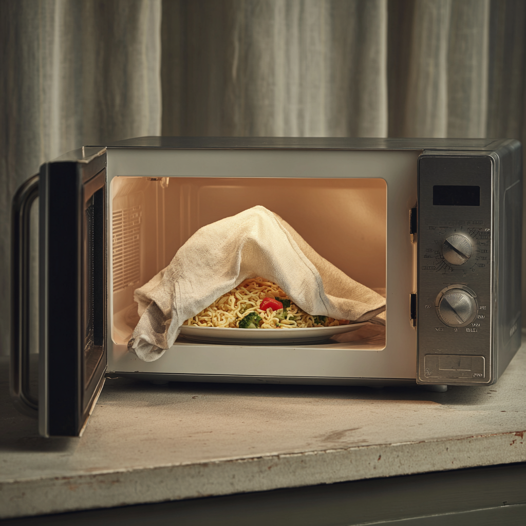 microwaving food with a napkin on top of it