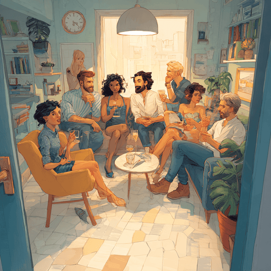 realistic people having a Party in a Small Apartment