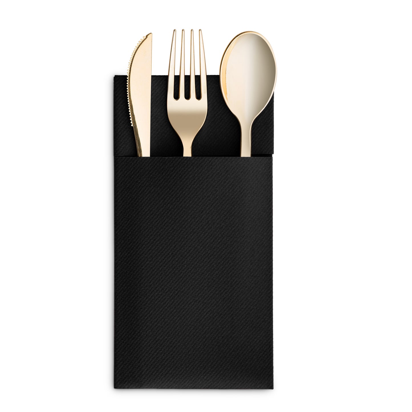 BG-CPDN-BLCK/500, BG-CPDN-BLCK/50, Black BloominGoods 16x16 pocket dinner napkin with cutlery placed inside fold