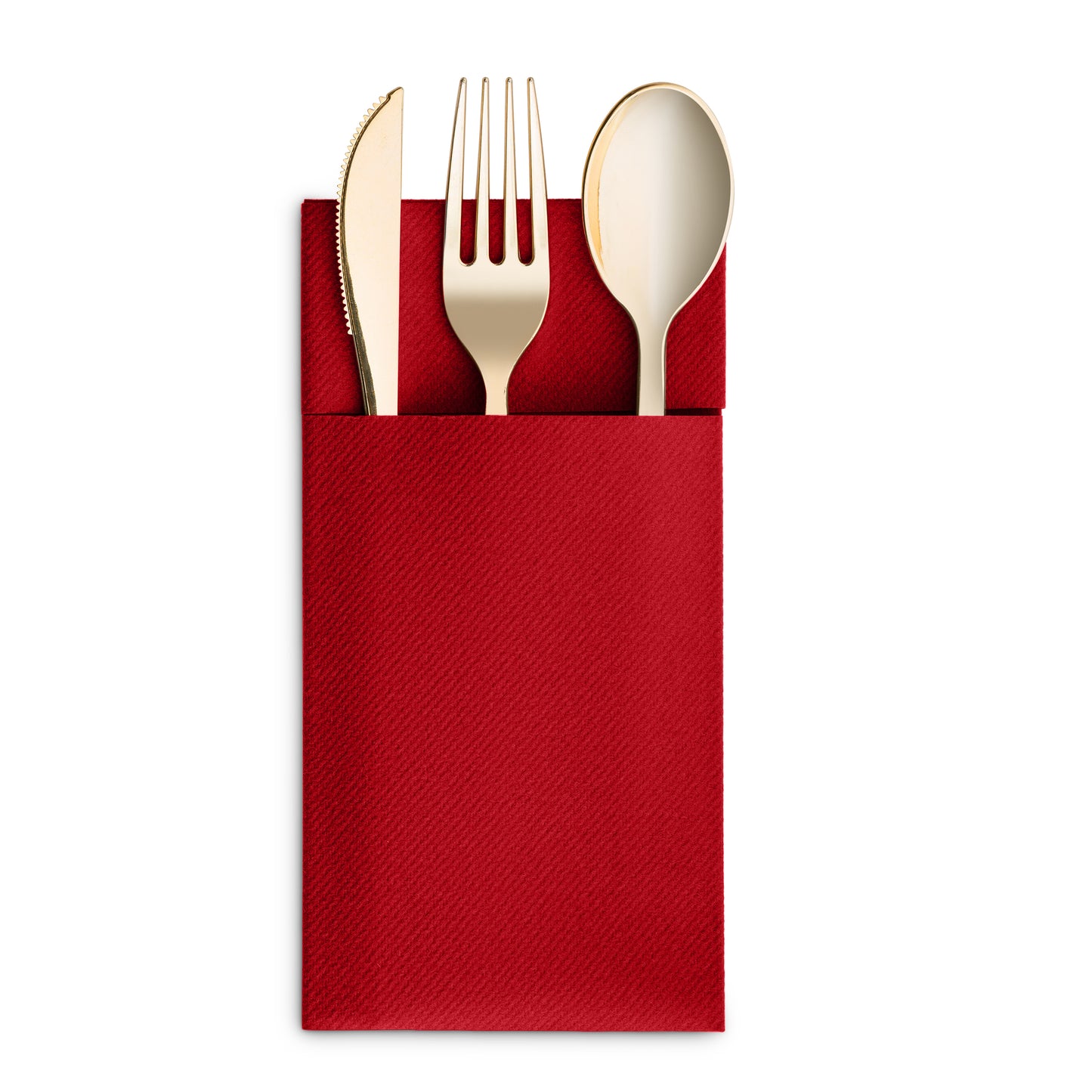 BG-CPDN-BRED/50, BG-CPDN-BRED/500, Red BloominGoods 16x16 pocket dinner napkin with cutlery placed inside fold