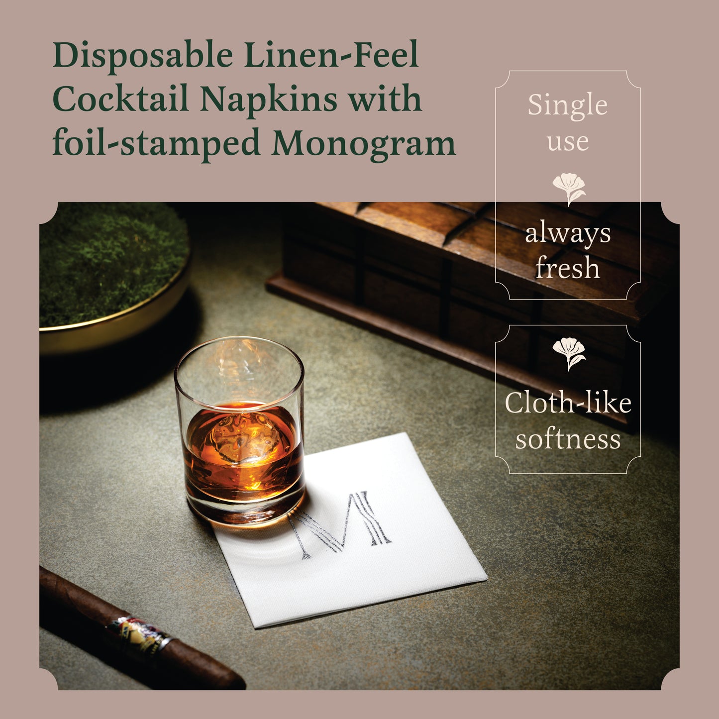 Disposable Linen-Feel White Cocktail Napkins Napkins | Silver Foil Stamp Monogram, Airlaid Paper, 10"x10", 100-Pack