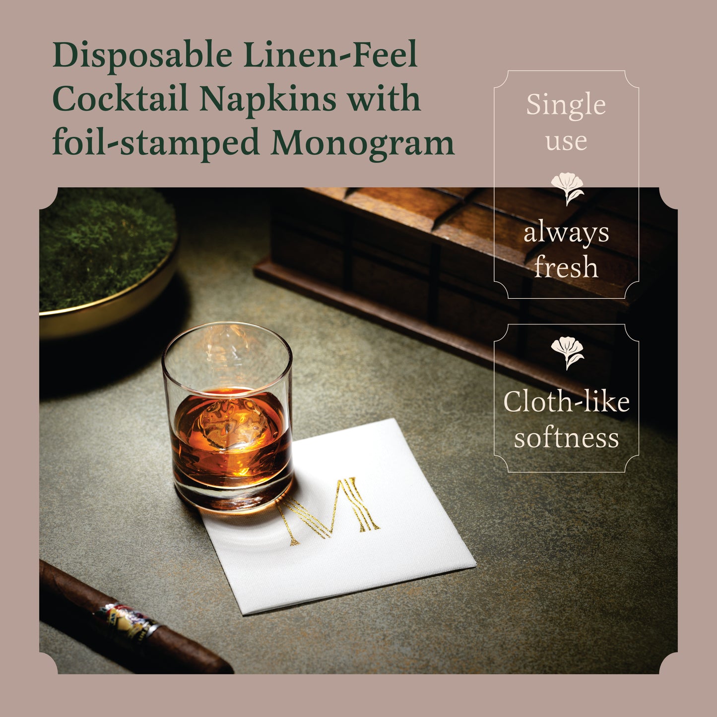 Disposable Linen-Feel White Cocktail Napkins Napkins | Gold Foil Stamp Monogram, Airlaid Paper, 10"x10", 100-Pack