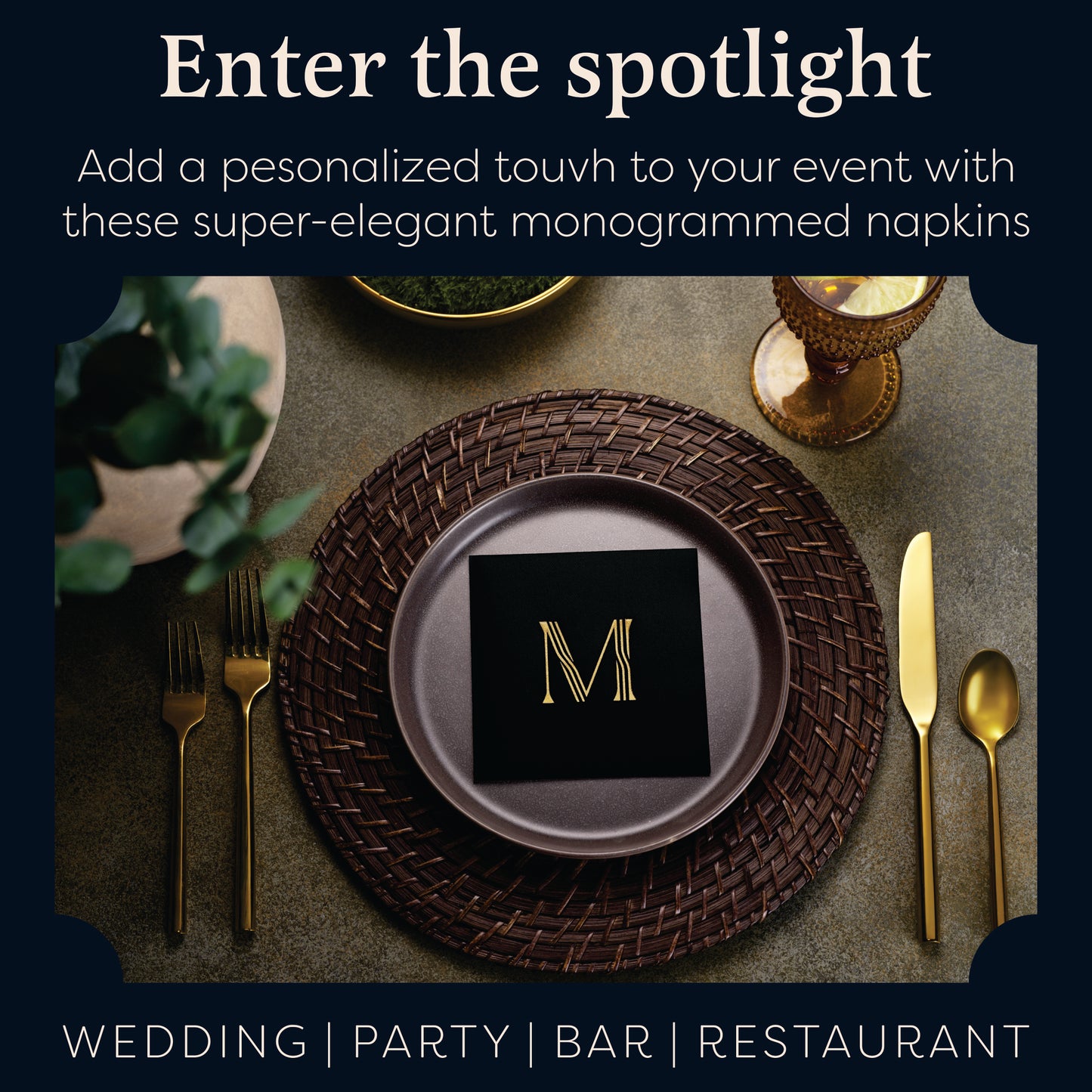 Disposable Linen-Feel Black Cocktail Napkins Napkins | Gold Foil Stamp Monogram, Airlaid Paper, 10"x10", 100-Pack