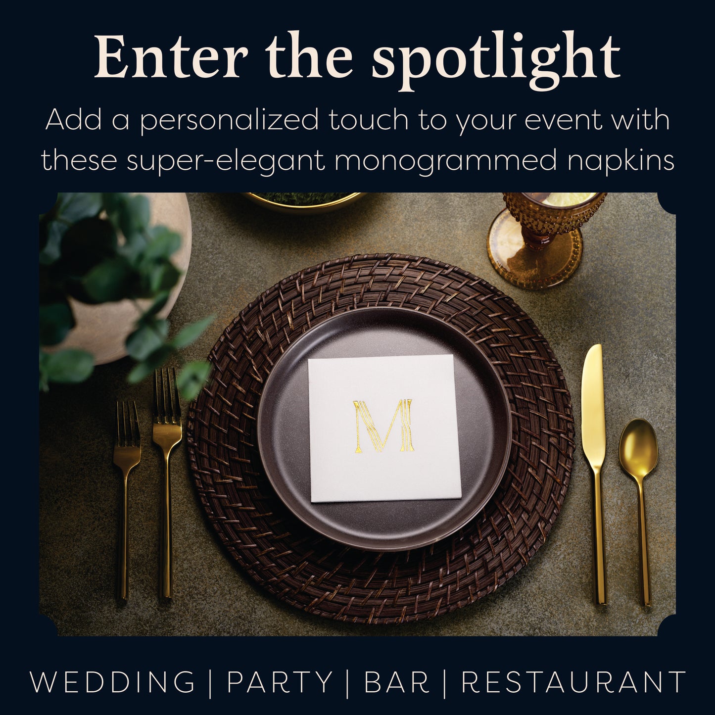 Disposable Linen-Feel White Cocktail Napkins Napkins | Gold Foil Stamp Monogram, Airlaid Paper, 10"x10", 100-Pack