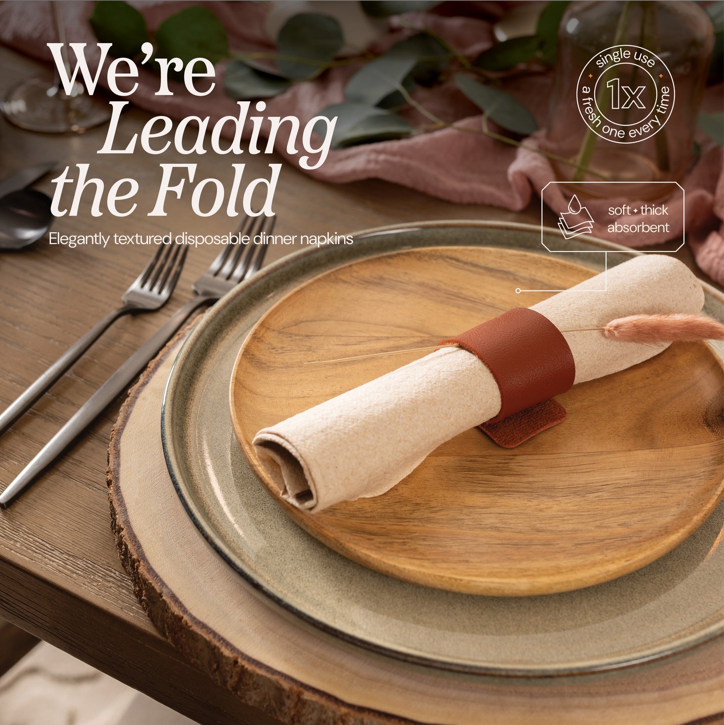 Naperee natural dinner napkin folded with precision—leading the fold in elegance