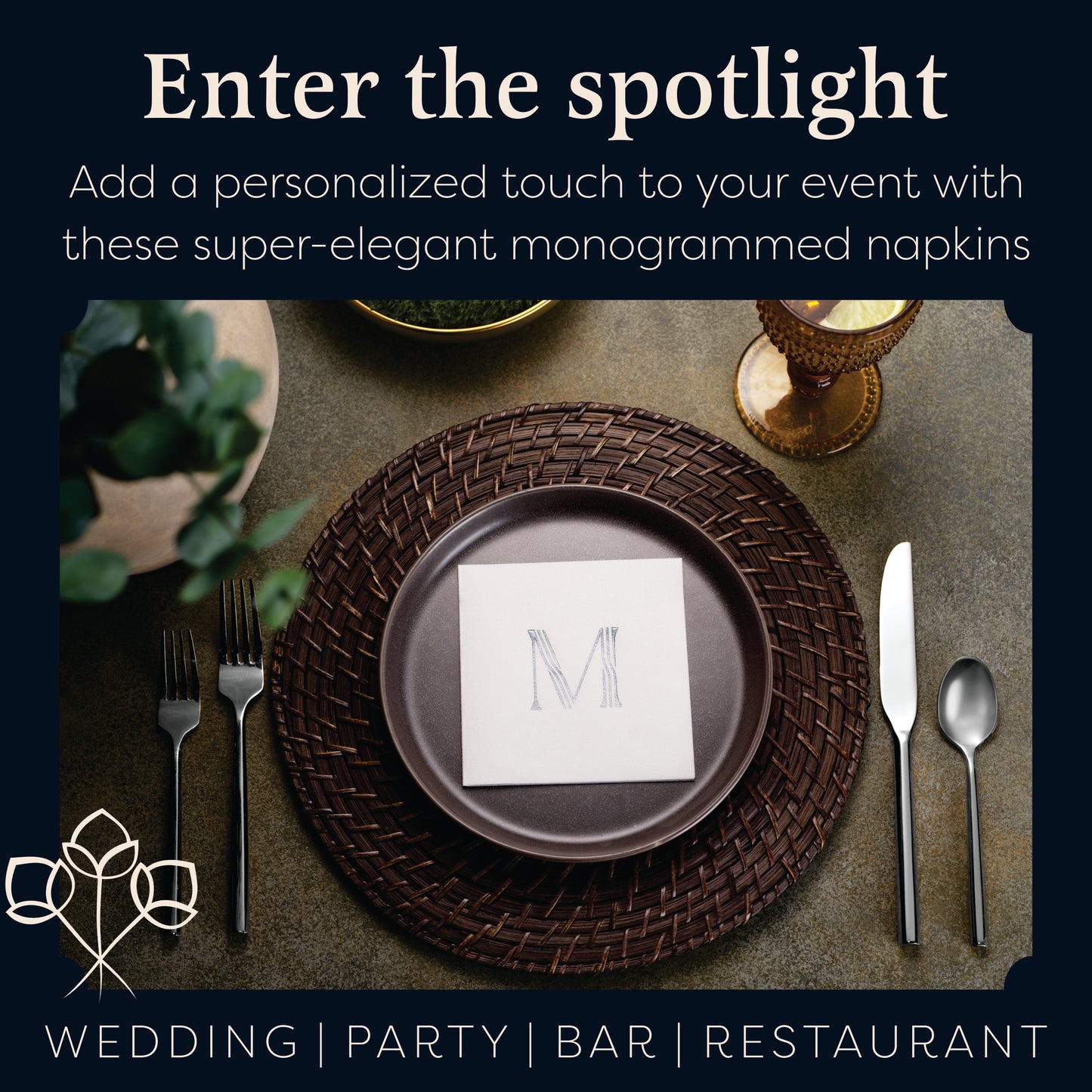 Disposable Linen-Feel White Cocktail Napkins Napkins | Silver Foil Stamp Monogram, Airlaid Paper, 10"x10", 100-Pack