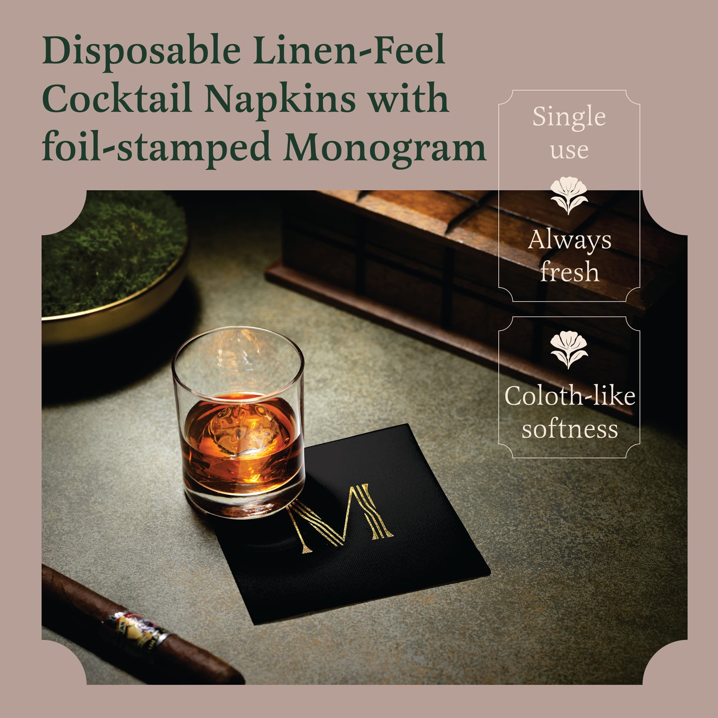 Disposable Linen-Feel Black Cocktail Napkins Napkins | Gold Foil Stamp Monogram, Airlaid Paper, 10"x10", 100-Pack