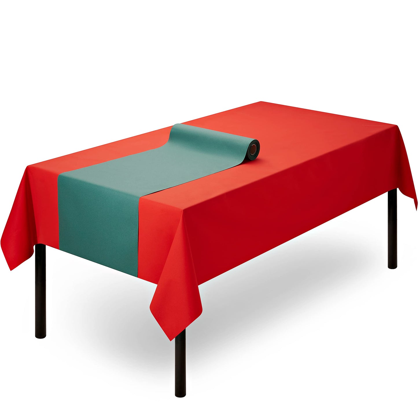 SV-TR16-GREN/20x48, Disposable green airlaid table runner roll on red tablecloth