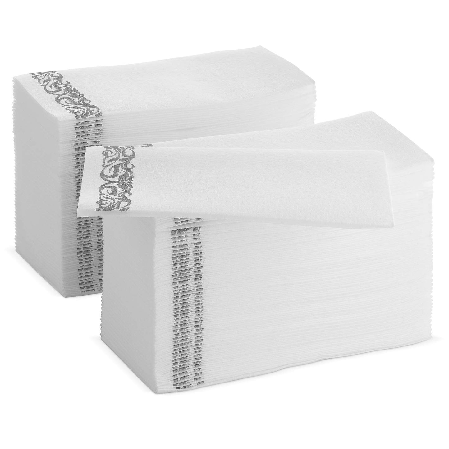 Stack of BloominGoods 12x17 decorative guest napkins silver floral design