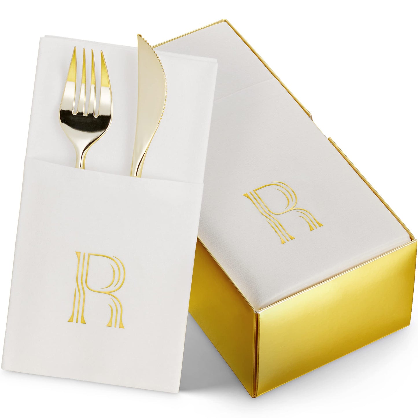 BG-TOLM-PN-WGS-R/50,White pocket napkin with gold foil monogram R by BloominGoods