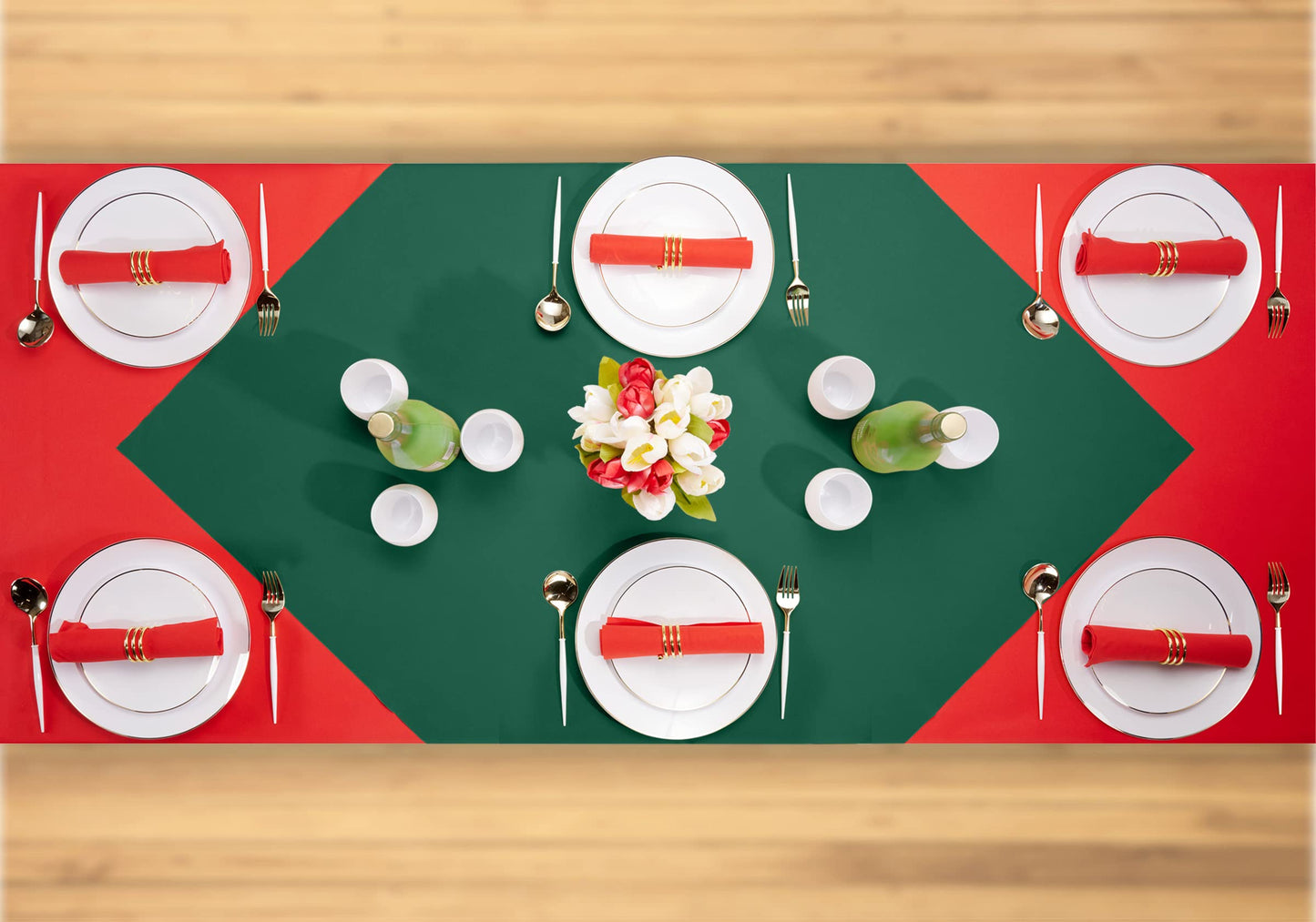 SV-TCFQ40-GREN/25, SV-TCFQ48-GREN/20, SV-TCFQ55-GREN/20, Green Servietto folded table cloth styled on six-seat table with matching red napkins and dinnerware