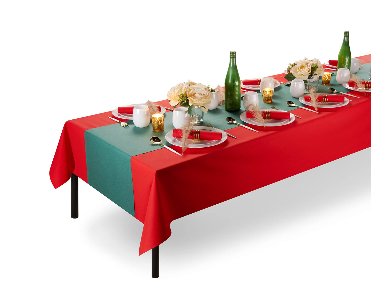 SV-TR16-GREN/20x48, Servietto red table runner roll disposable placed on green banquet table