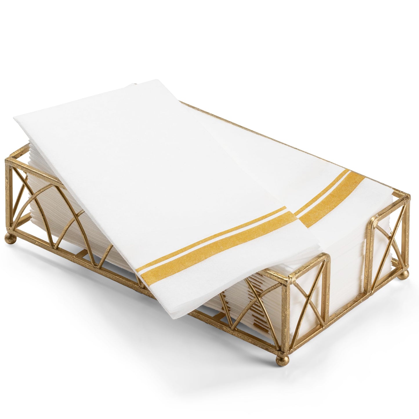 Stacked gold double-line guest towels placed in holder