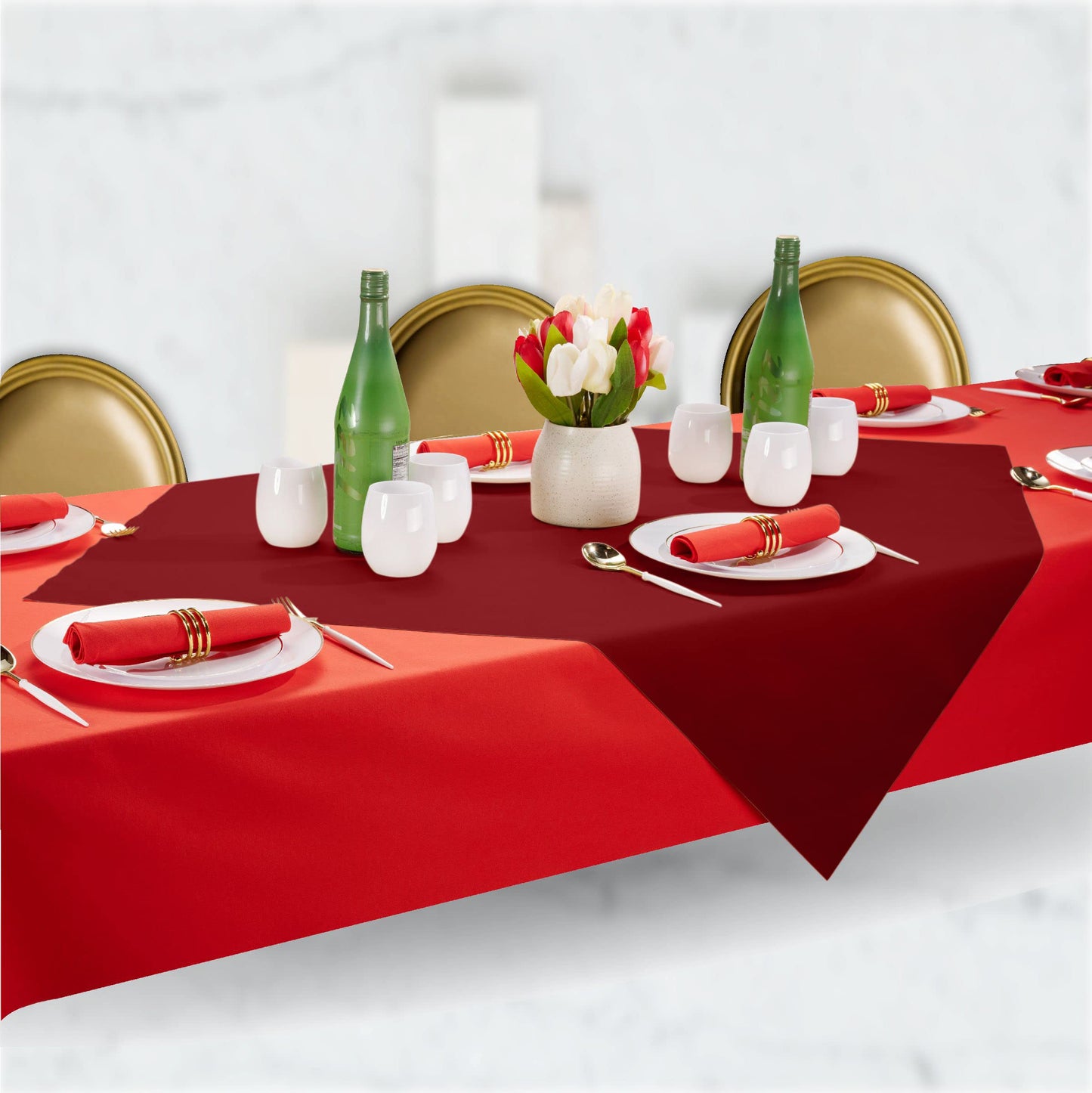 SV-TCFQ40-BRGD/25, SV-TCFQ48-BRGD/20, SV-TCFQ55-BRGD/20, Burgundy Servietto disposable folded table cloth with linen texture at formal table setting
