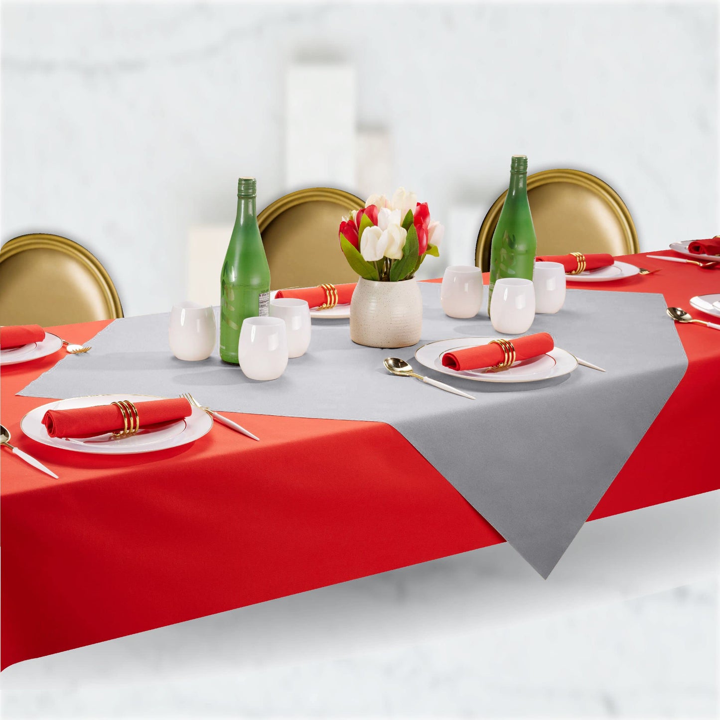 SV-TCFQ40-CTGR/25, SV-TCFQ48-CTGR/20, SV-TCFQ55-CTGR/20, Grey disposable linen-like folded table cloth by Servietto on formal table