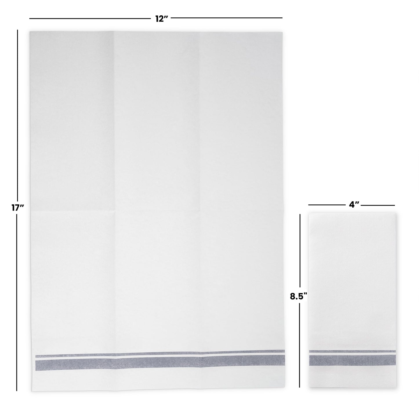Disposable 12 inch by 17 inch guest towel napkin with silver double-line border and 8.5 inch by 4 inch guest towels displayed.