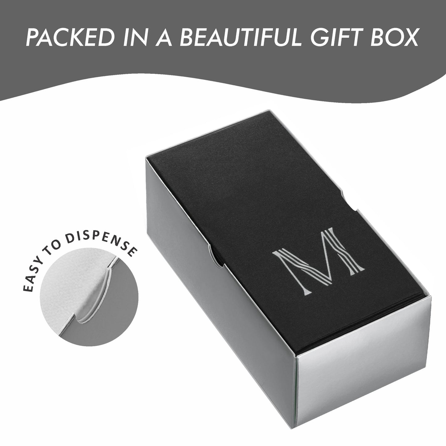 Black disposable guest towels packed in gift box