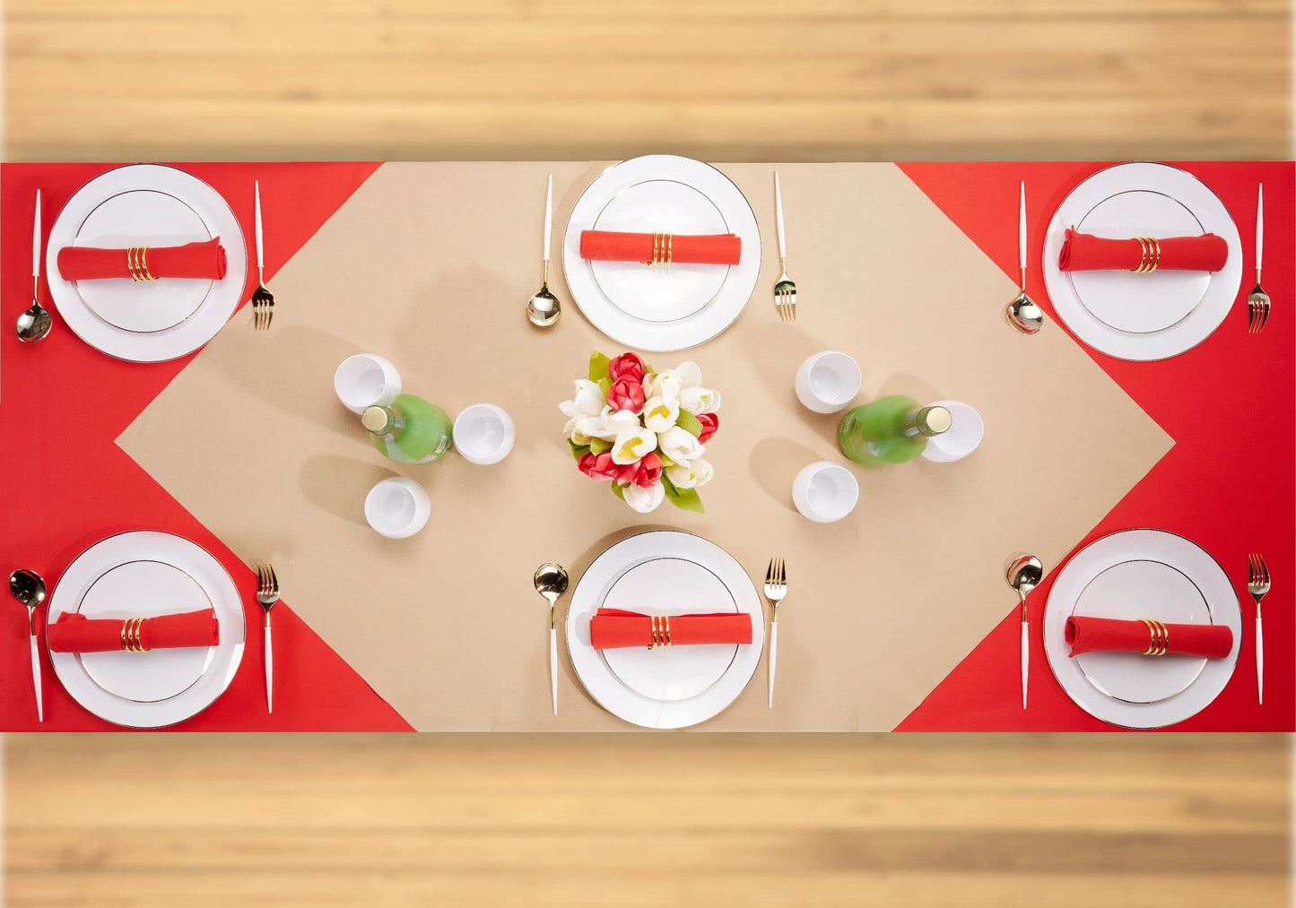 SV-TCFQ40-WOOD/25, SV-TCFQ48-WOOD/20, SV-TCFQ55-WOOD/20, Folded wood Servietto table cloth styled for farmhouse table with full place settings