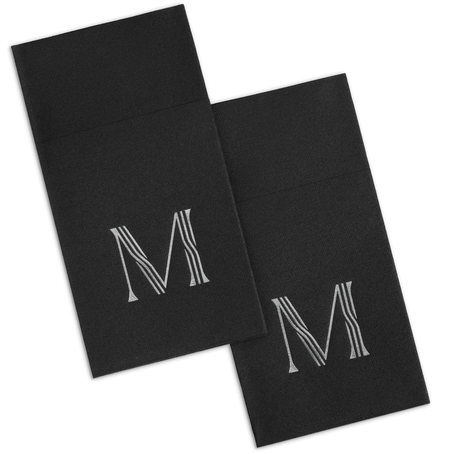 Disposable Linen-Feel Black Guest Towel Napkins | Silver Foil Stamp Monogram, Airlaid Paper, 12"x17", 50-Pack - Naptec Paper - BloominGoods
