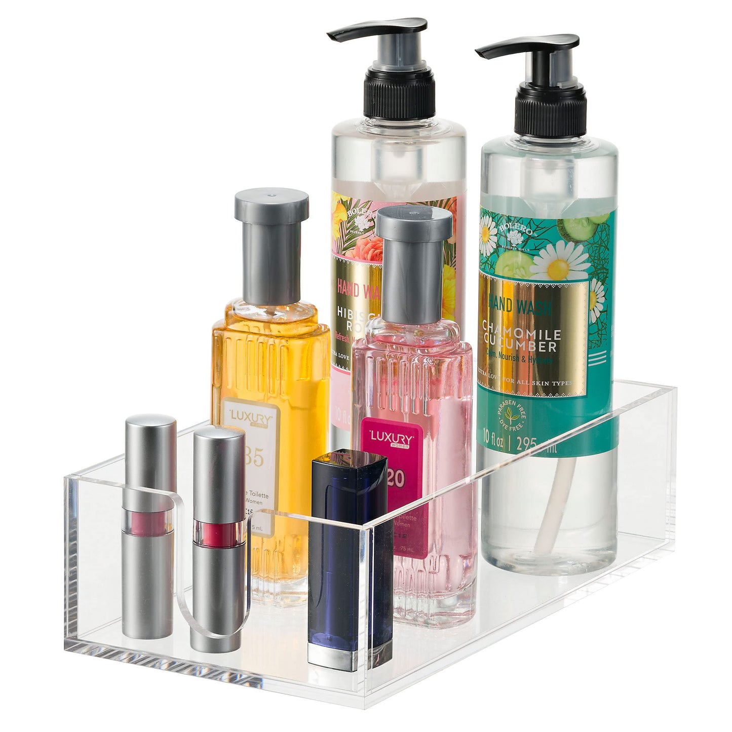 BG-NH-ACR/GT, clear tray holding cosmetics in modern bathroom look
