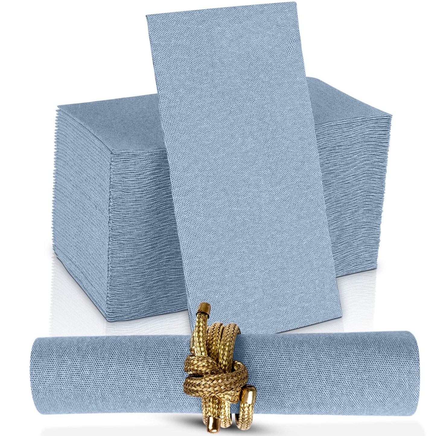 Blue denim cloth-like napkin with elegant napkin ring for upscale dining