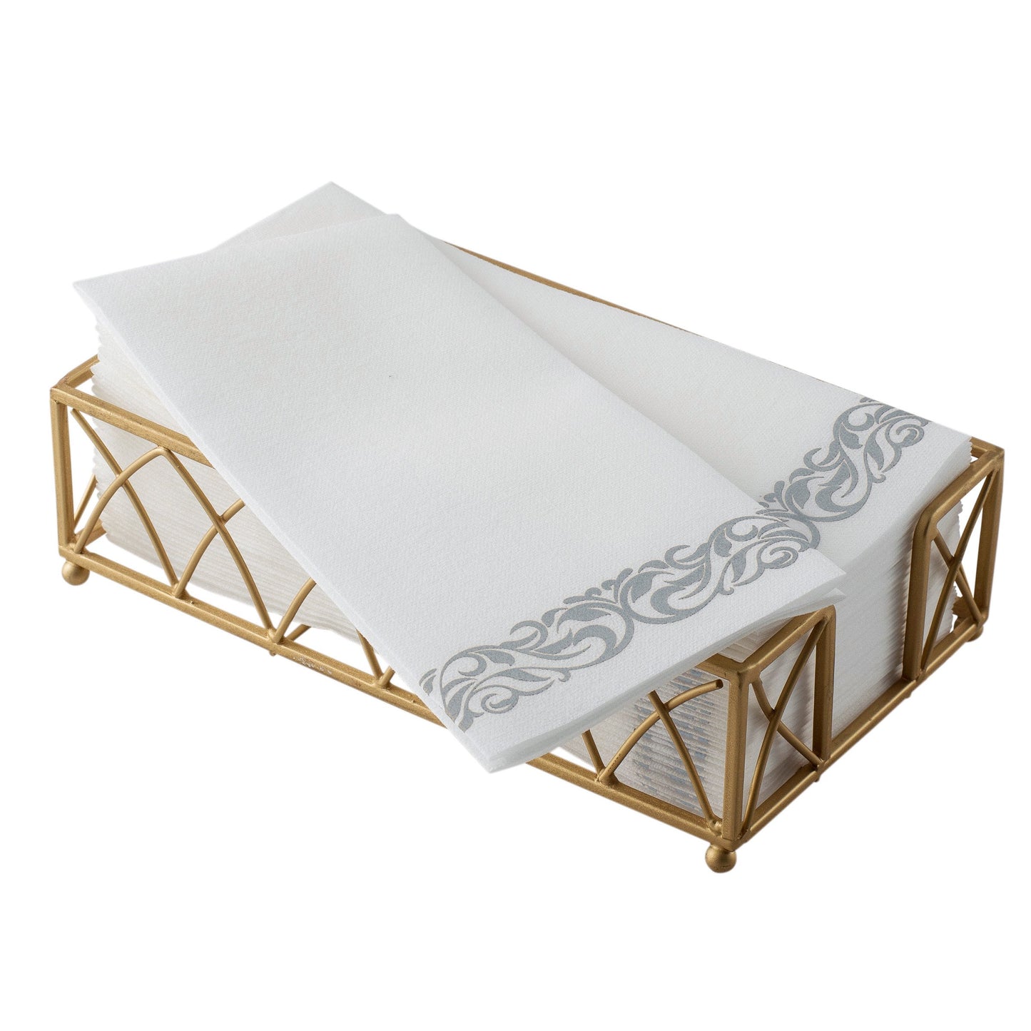 Disposable linen-feel napkin silver floral design displayed in napkin tray