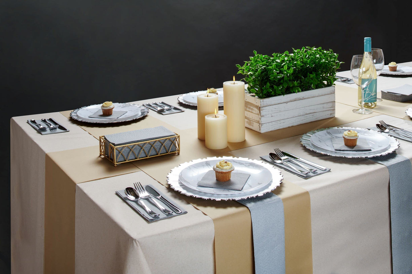 NP-LQLN-BKD-200, Black dotted napkin under plate at formal dining setting with BloominGoods napkins