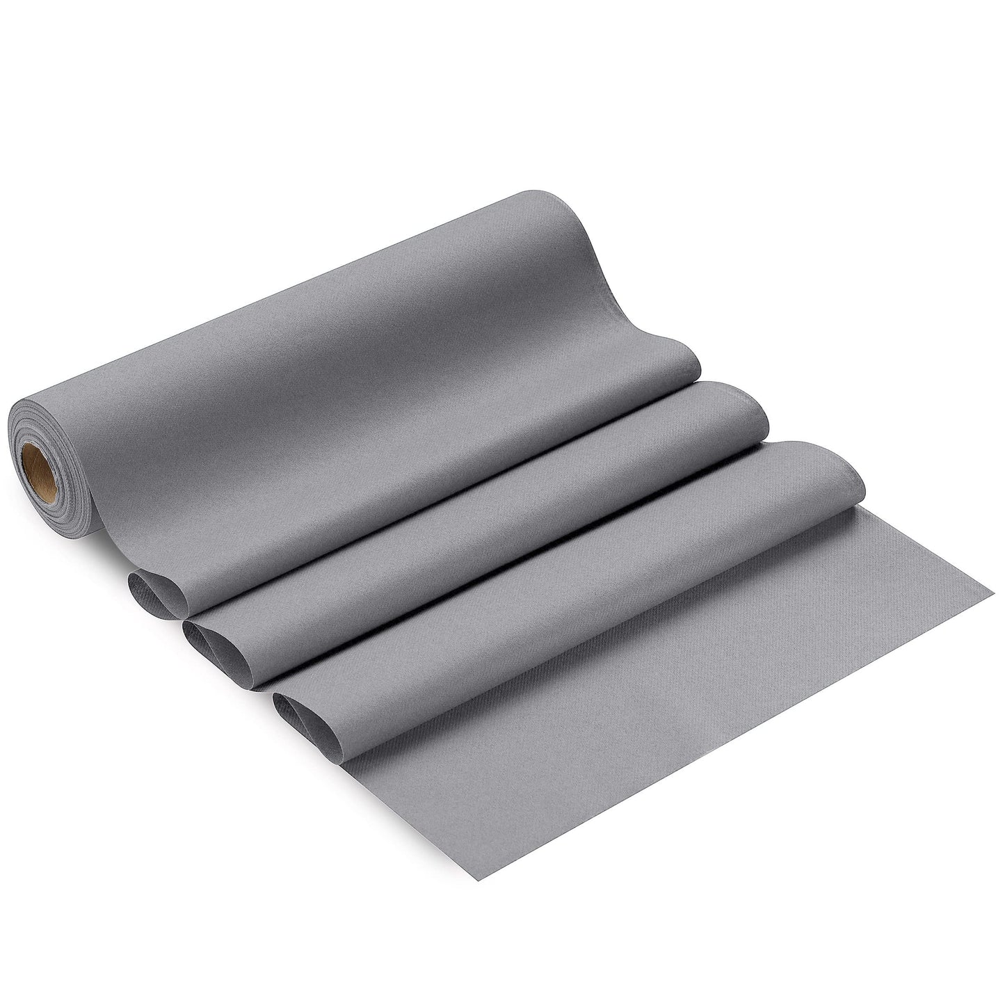 SV-TR16-CTGR/20x48, Servietto grey linen-like table runner roll disposable for modern events unraveled on white background