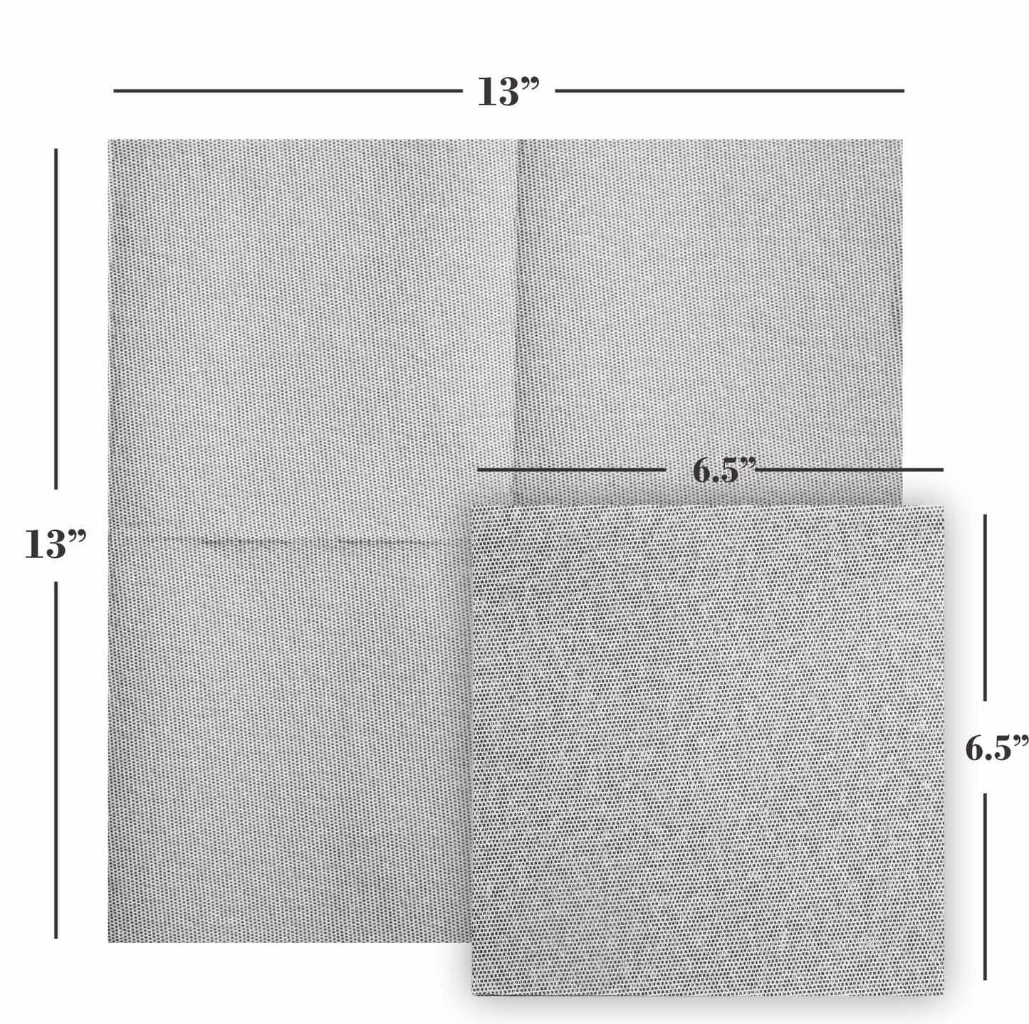 NP-LQLN-BKD-200, Naperee black dotted disposable cloth-like luncheon napkins with 13x13 inch and 6.5x6.5 inch dimensions shown