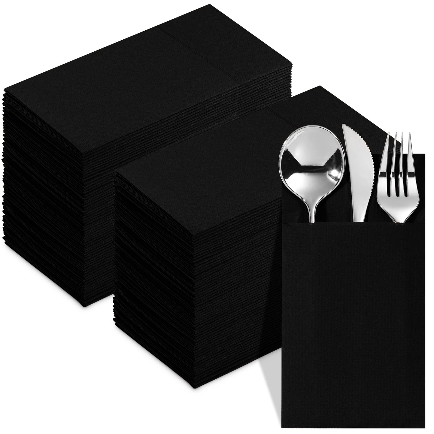 NP-PPPDN-BLCK-100, Black Elegant 15x15 dinner napkin with built-in flatware pocket design