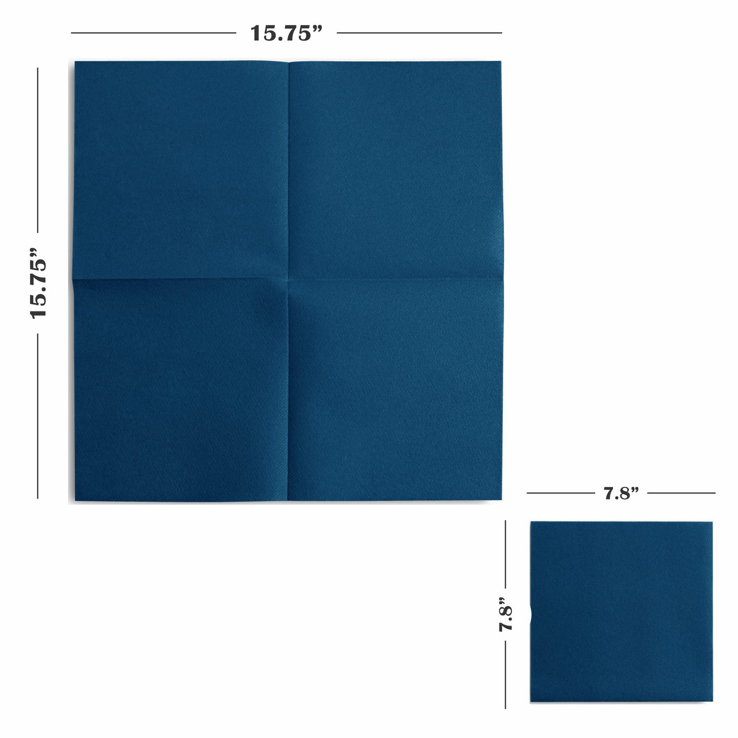 BG-CLLN-DBLU/50, Disposable blue cocktail napkins with 15.75x15.75 inch and 7.8x7.8 inch dimensions displayed.