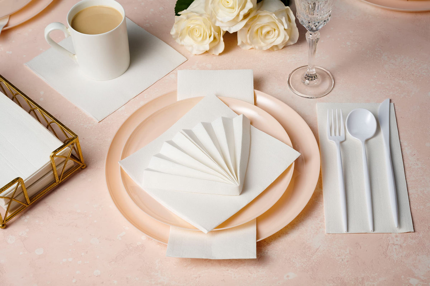 NP-PPLLN-WHT-2000, Naperee soft quilted 2-ply luncheon napkins displayed on table setting