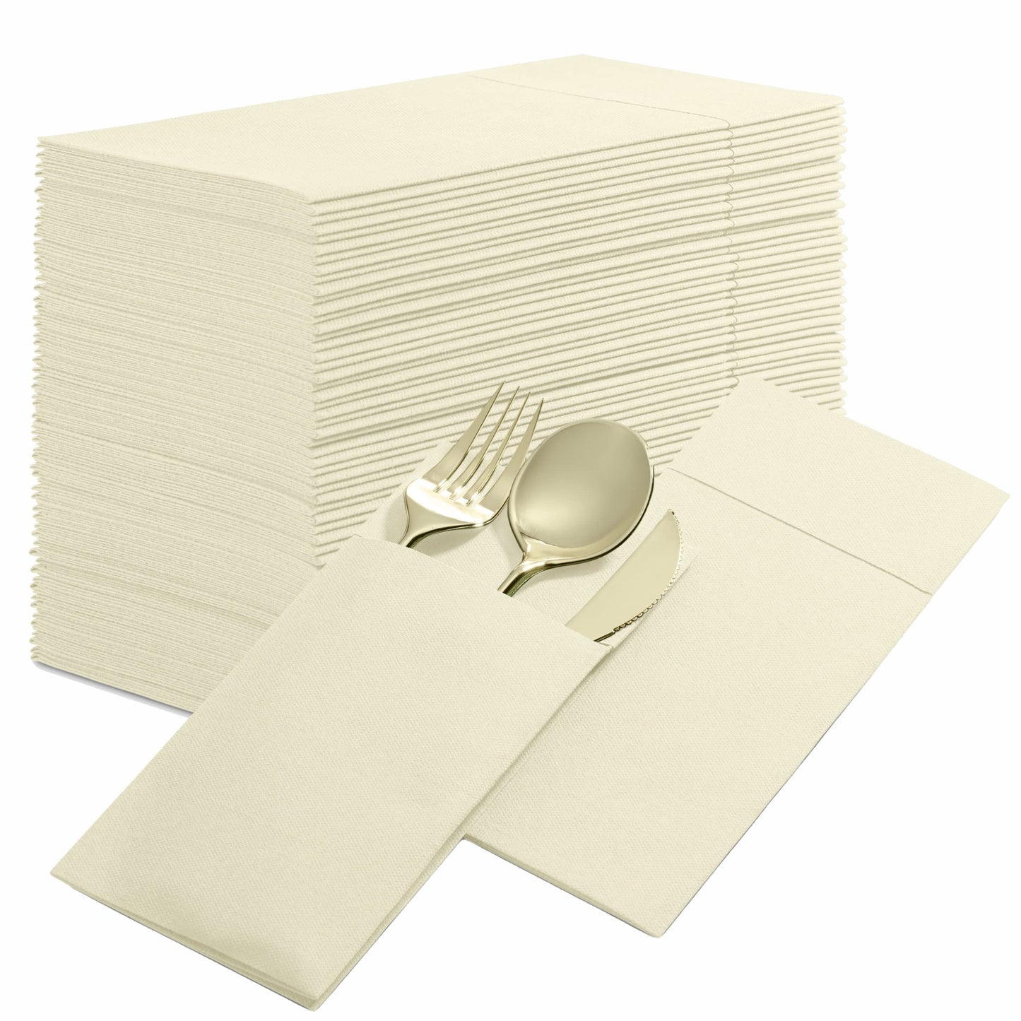 BG-CPDN-CREM/50, BG-CPDN-CREM/500, , Cream BloominGoods 16x16 pocket dinner napkin with cutlery placed inside fold