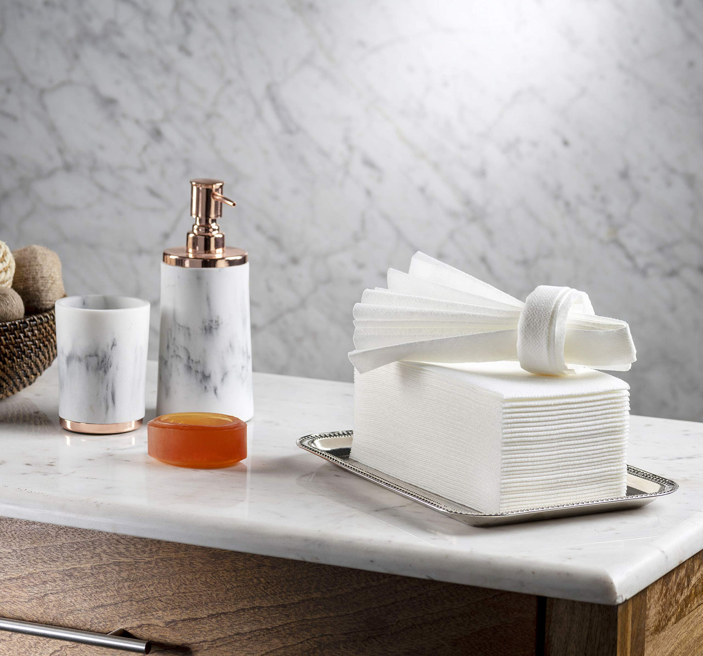 Disposable Linen-Feel Guest Towels in bathroom on marble table