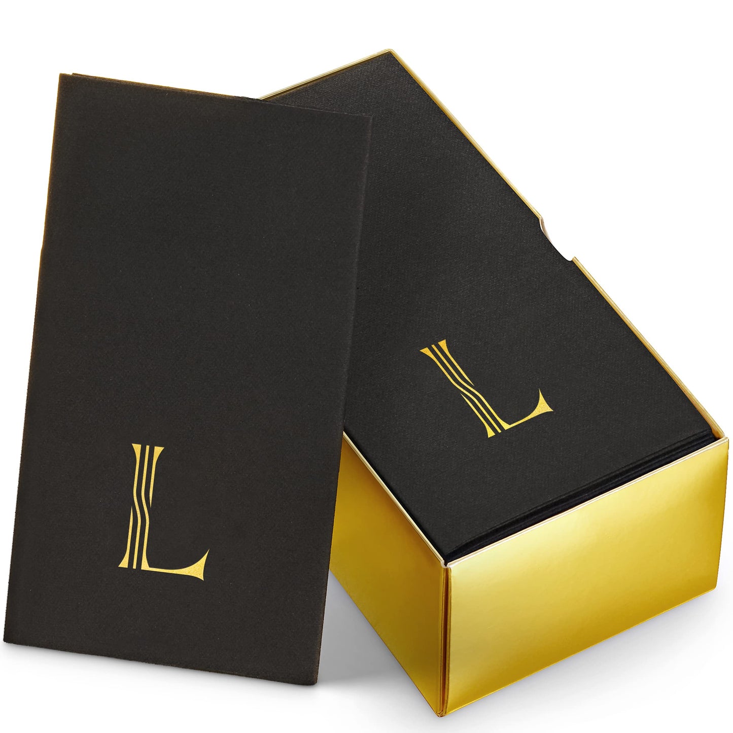 BG-TOLM-GT-BGS-L/50, Linen-feel guest napkin with gold foil monogram letter L on black background