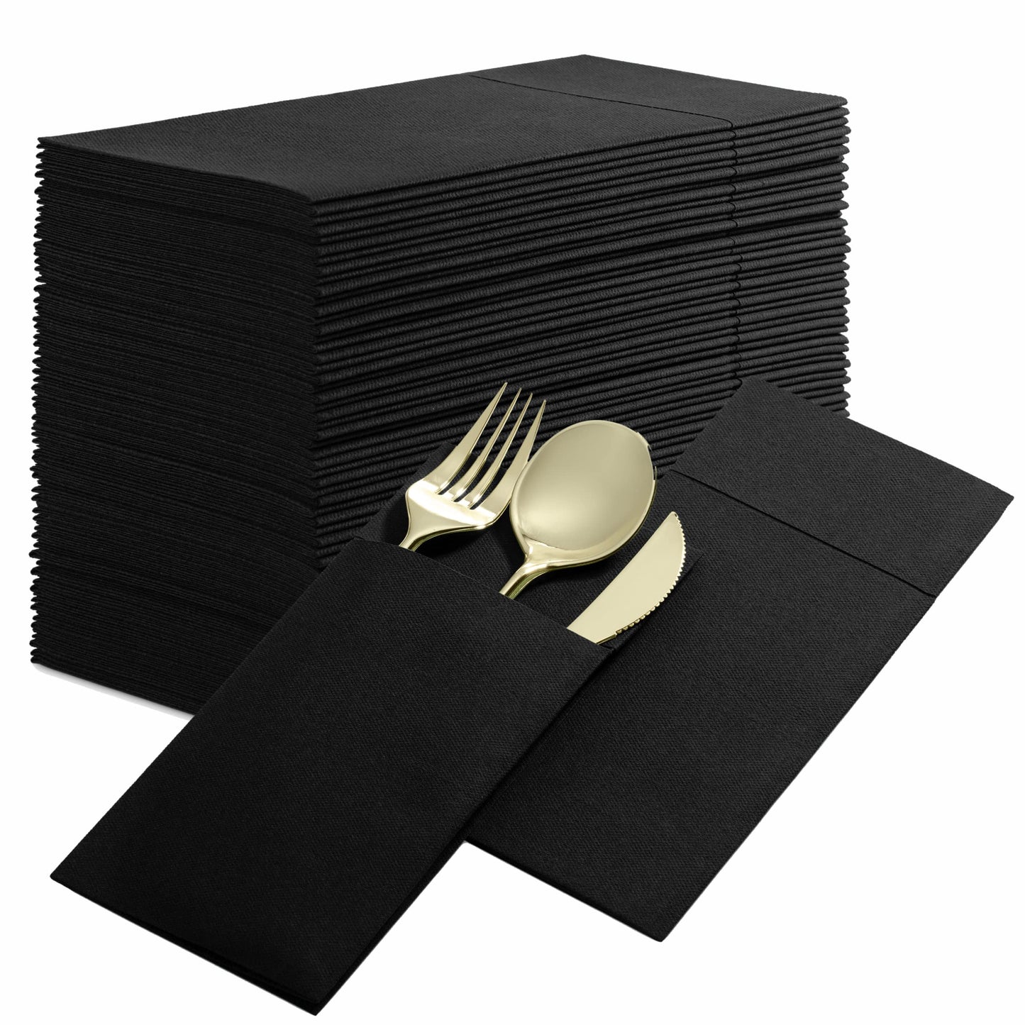 BG-CPDN-BLCK/500, BG-CPDN-BLCK/50, Black BloominGoods 16x16 pocket dinner napkin with cutlery placed inside fold