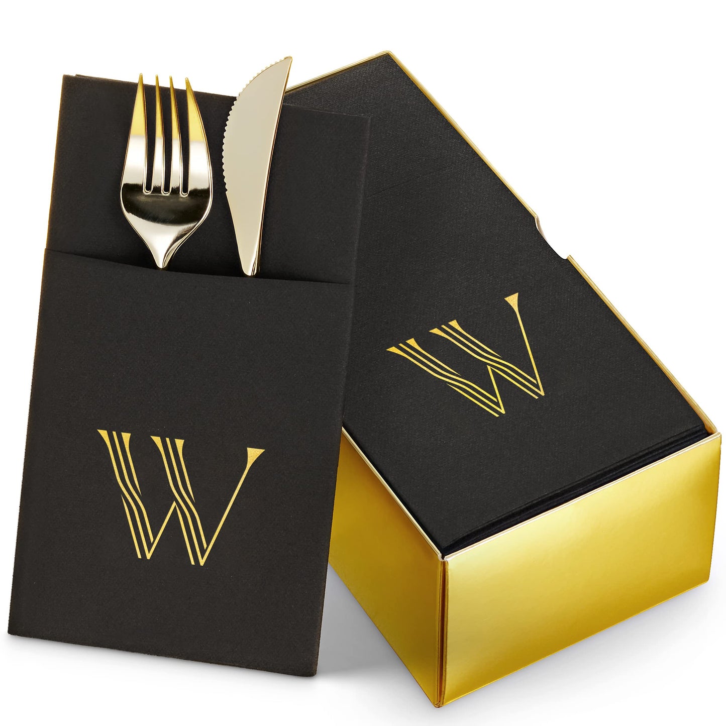 BG-TOLM-PN-BGS-W/50, W monogram in gold foil on black airlaid dinner napkin with pocket