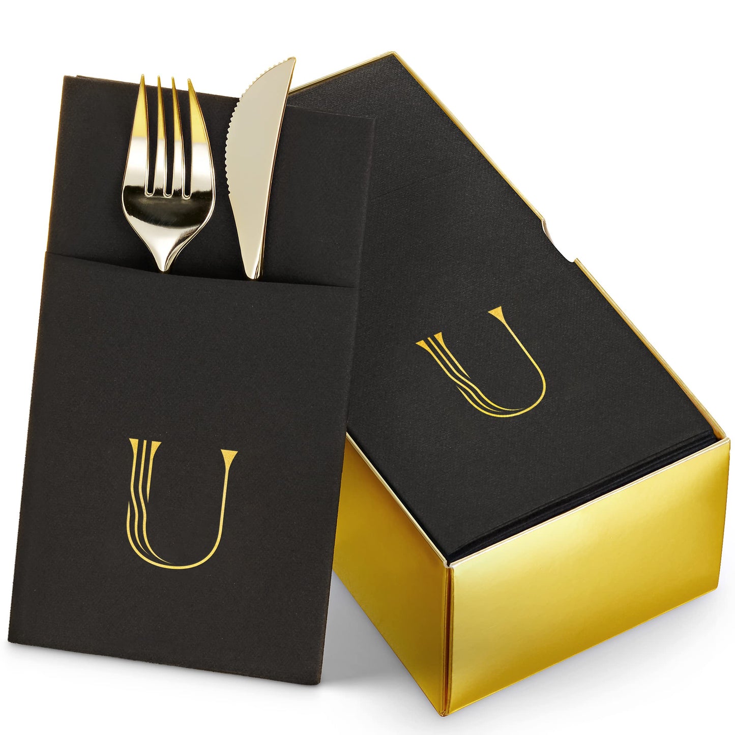 BG-TOLM-PN-BGS-U/50, U monogram in gold foil on black airlaid dinner napkin with pocket