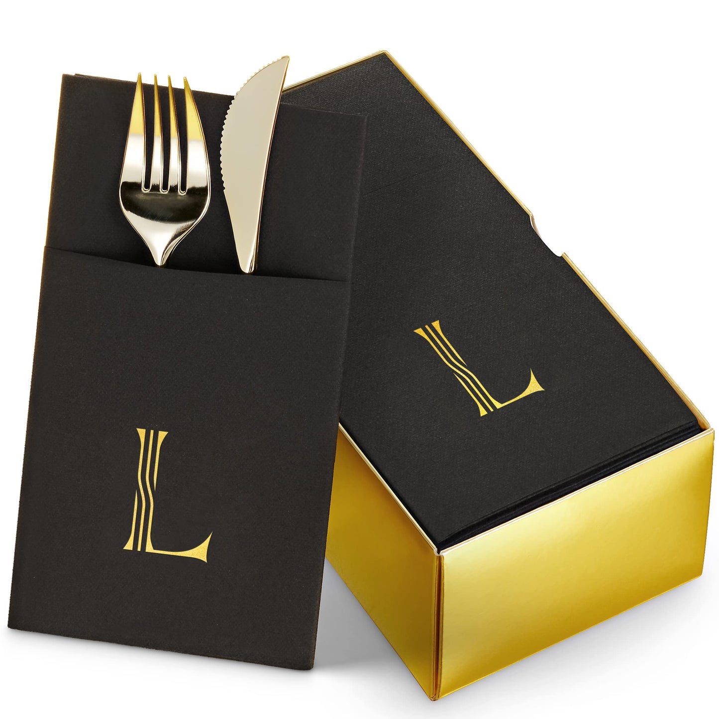 BG-TOLM-PN-BGS-L/50, L monogram in gold foil on black airlaid dinner napkin with pocket