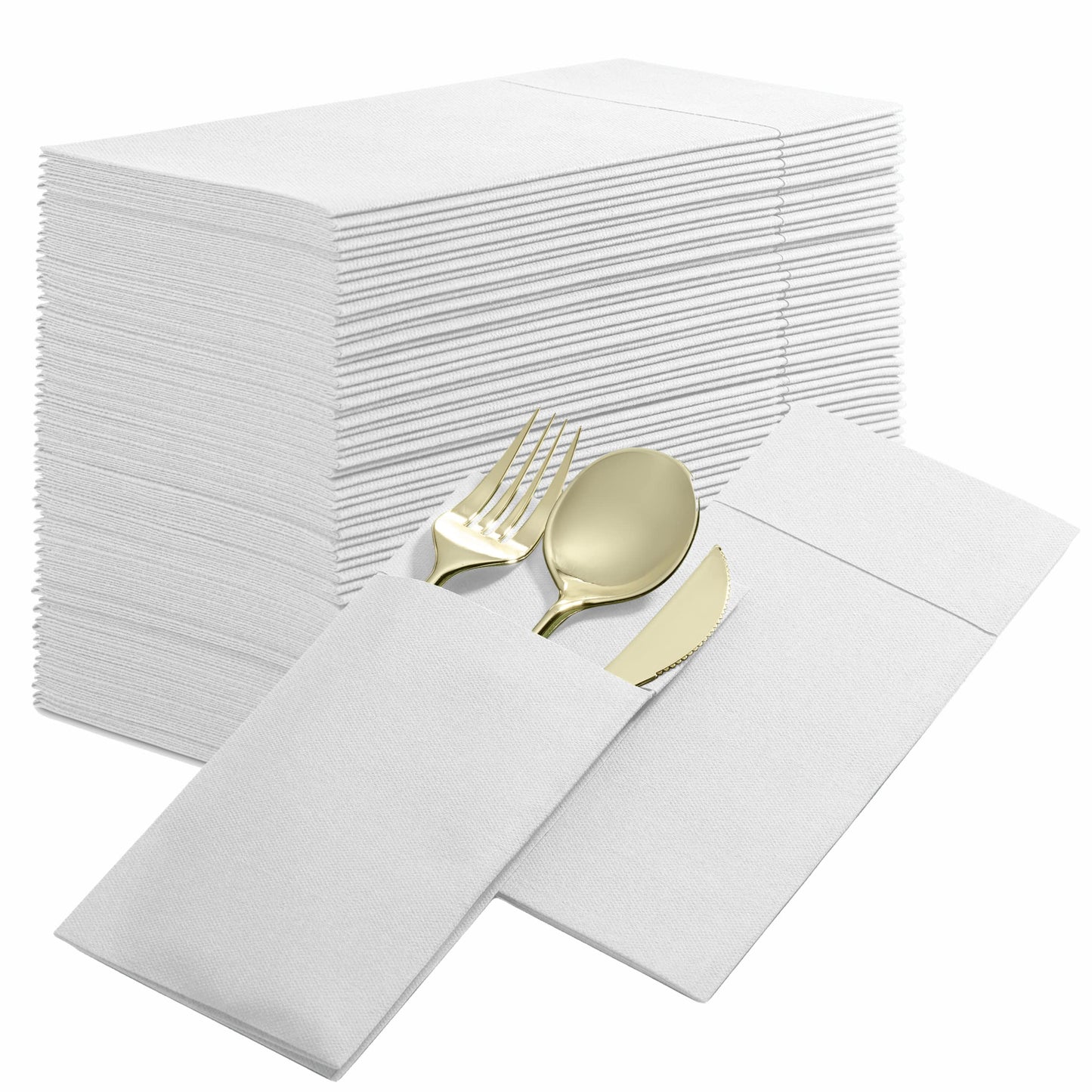 BG-CPDN-WHTE/50, BG-CPDN-WHTE/500, White BloominGoods 16x16 pocket dinner napkin with cutlery placed inside fold