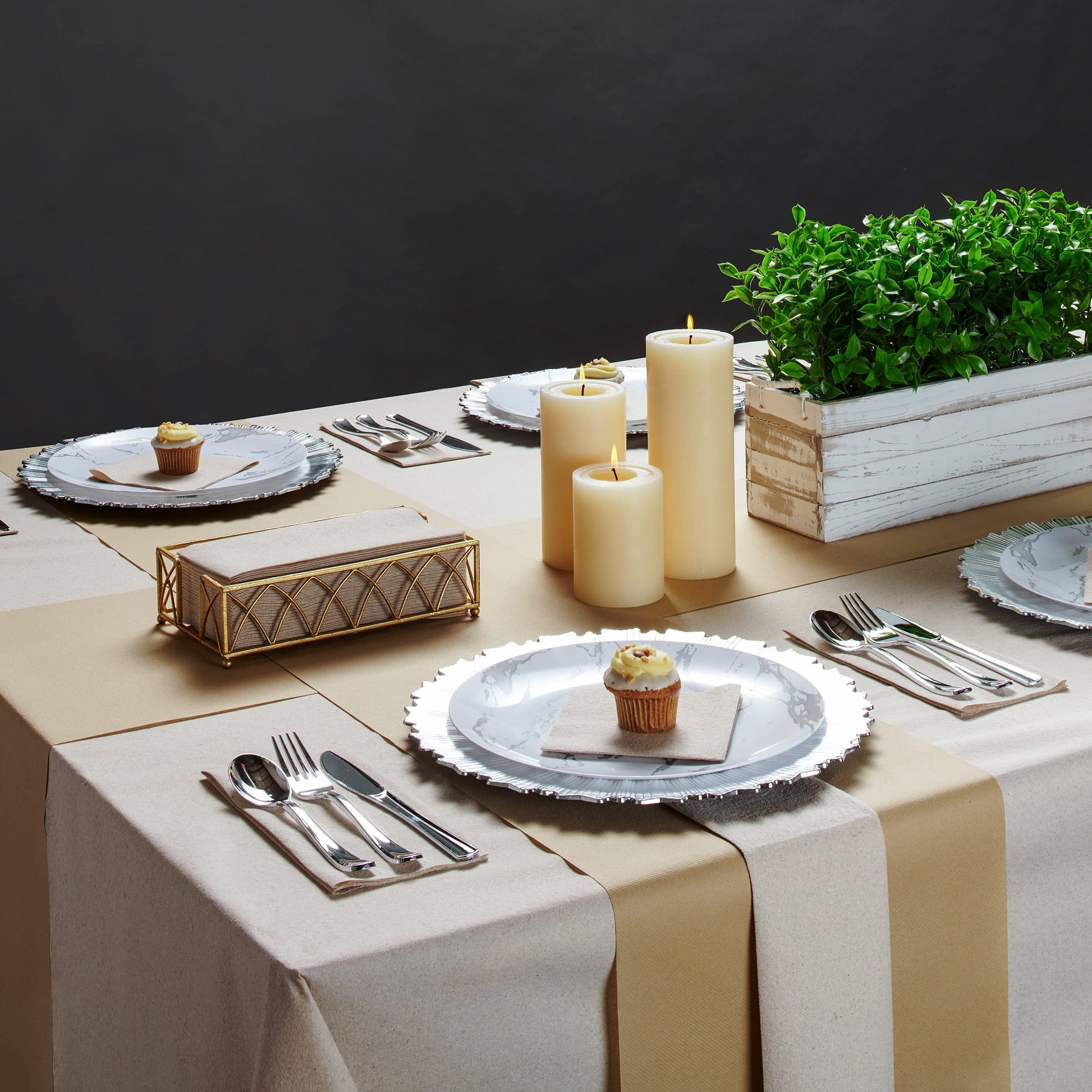 Disposable 10x10 natural napkins by Naperee placed under a pastry at an event