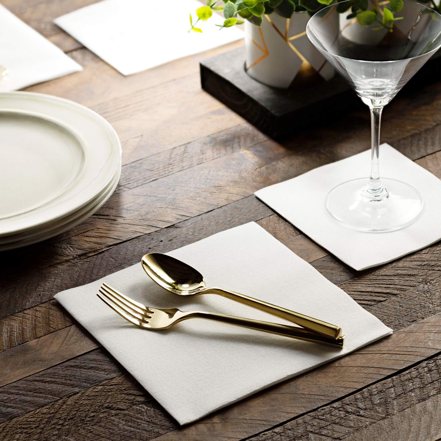 BG-TOLLN-WHT/100, BG-TOLLN-WHT/200, BG-TOLLN-WHT/1000, BG-TOLLN-WHT/2000, 13x13 white disposable luncheon napkin with soft linen-like texture under glass and utensils