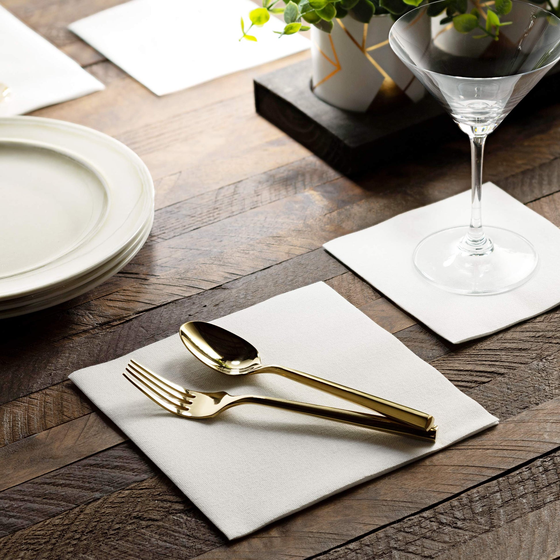 BG-TOLLN-WHT/100, BG-TOLLN-WHT/200, BG-TOLLN-WHT/1000, BG-TOLLN-WHT/2000, 13x13 white disposable luncheon napkin with soft linen-like texture under glass and utensils