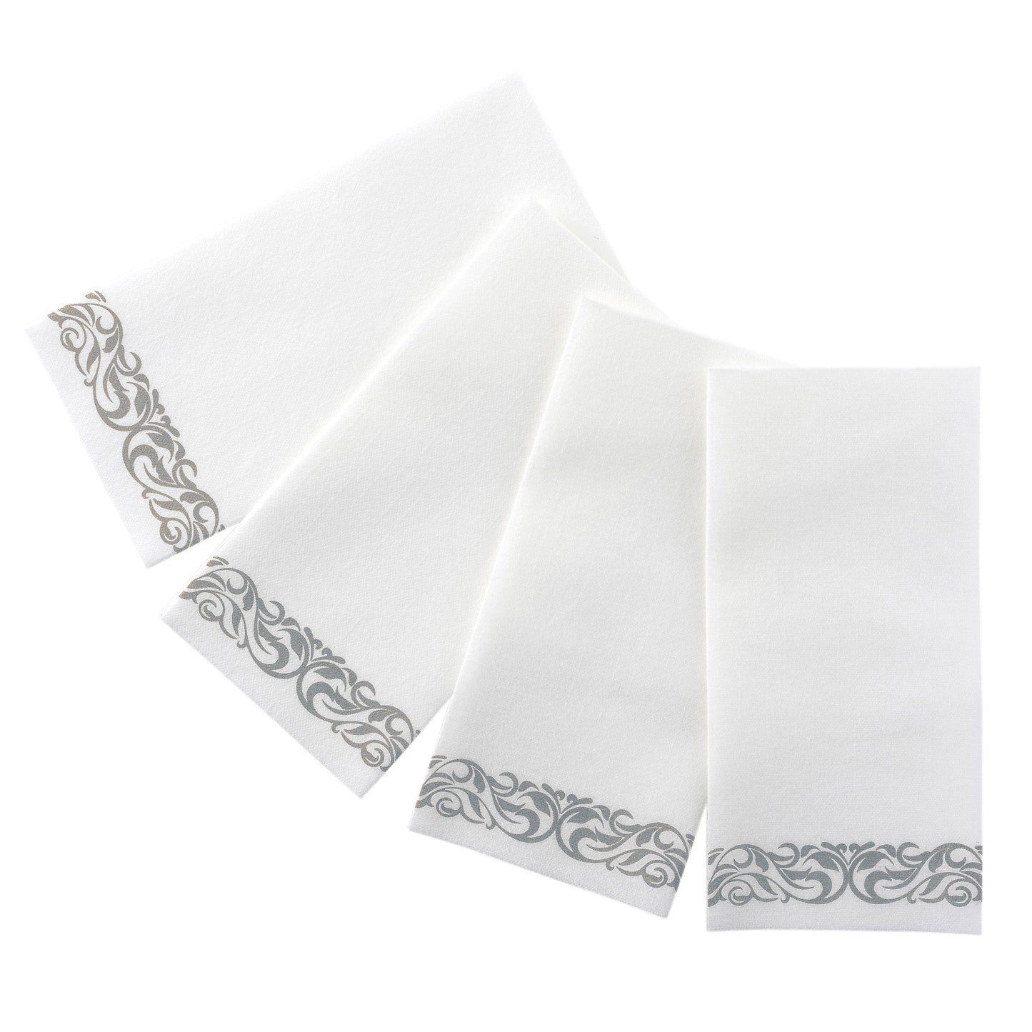 Stack of BloominGoods decorative guest napkins silver floral design
