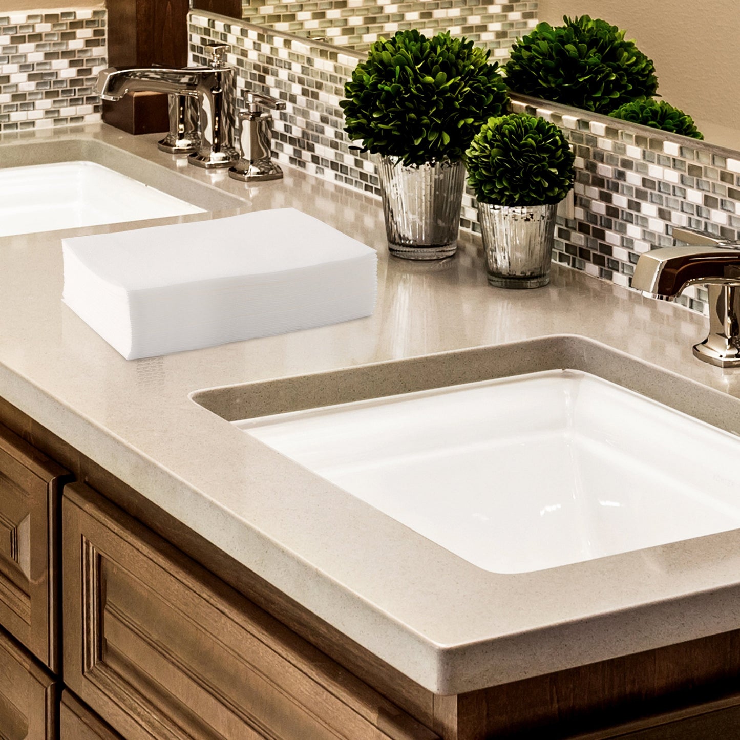 TOLNK-WHT-50, TOLNK-WHT-200, TOLNK-WHT-1000, TOLNK-WHT-100, White disposable bathroom napkin by BloominGoods on marble sink counter