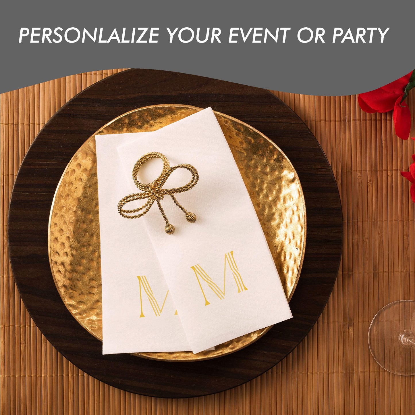 White guest towel with gold foil monogram for event or parties