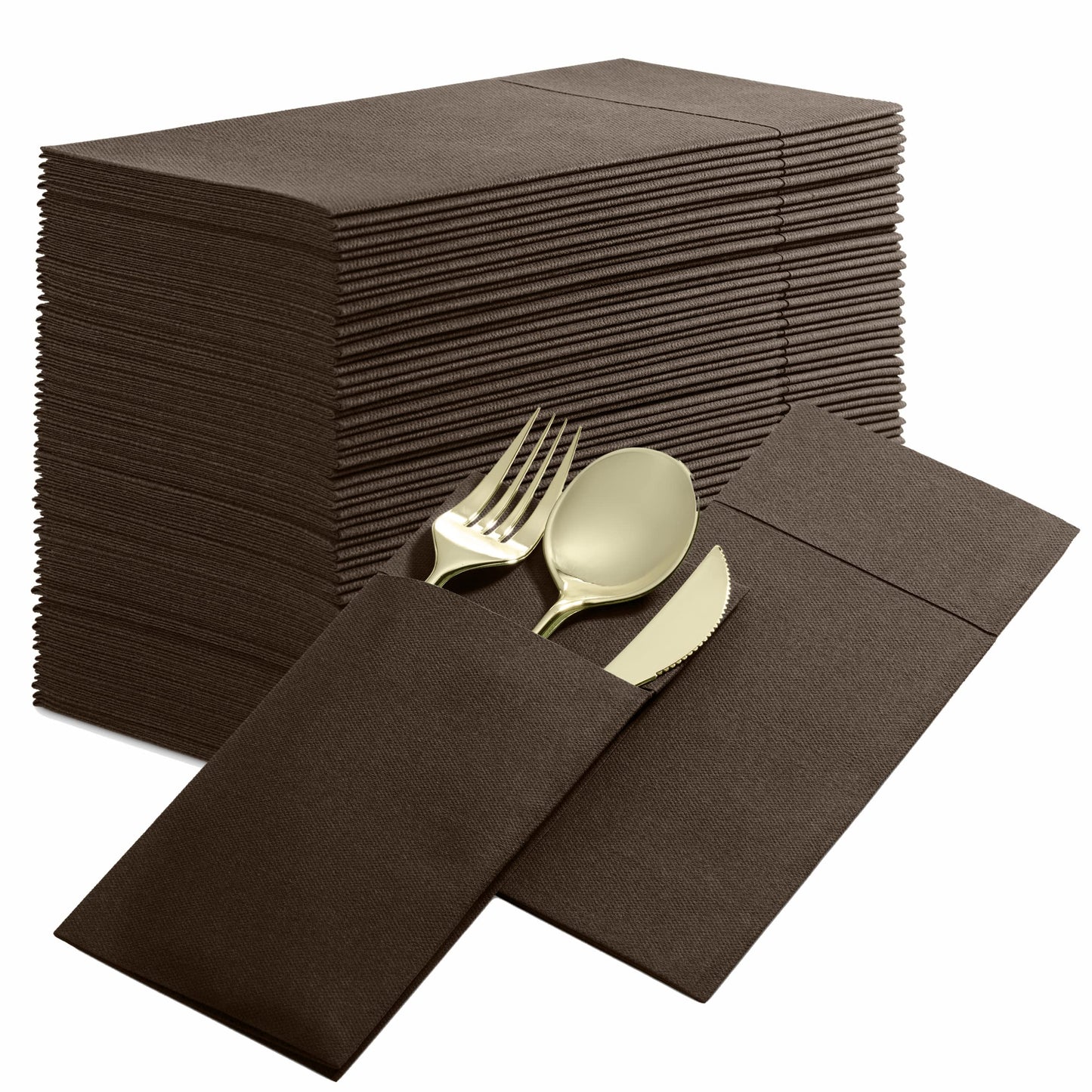 BG-CPDN-CCBR/500, BG-CPDN-CCBR/50,, Brown BloominGoods 16x16 pocket dinner napkin with cutlery placed inside fold