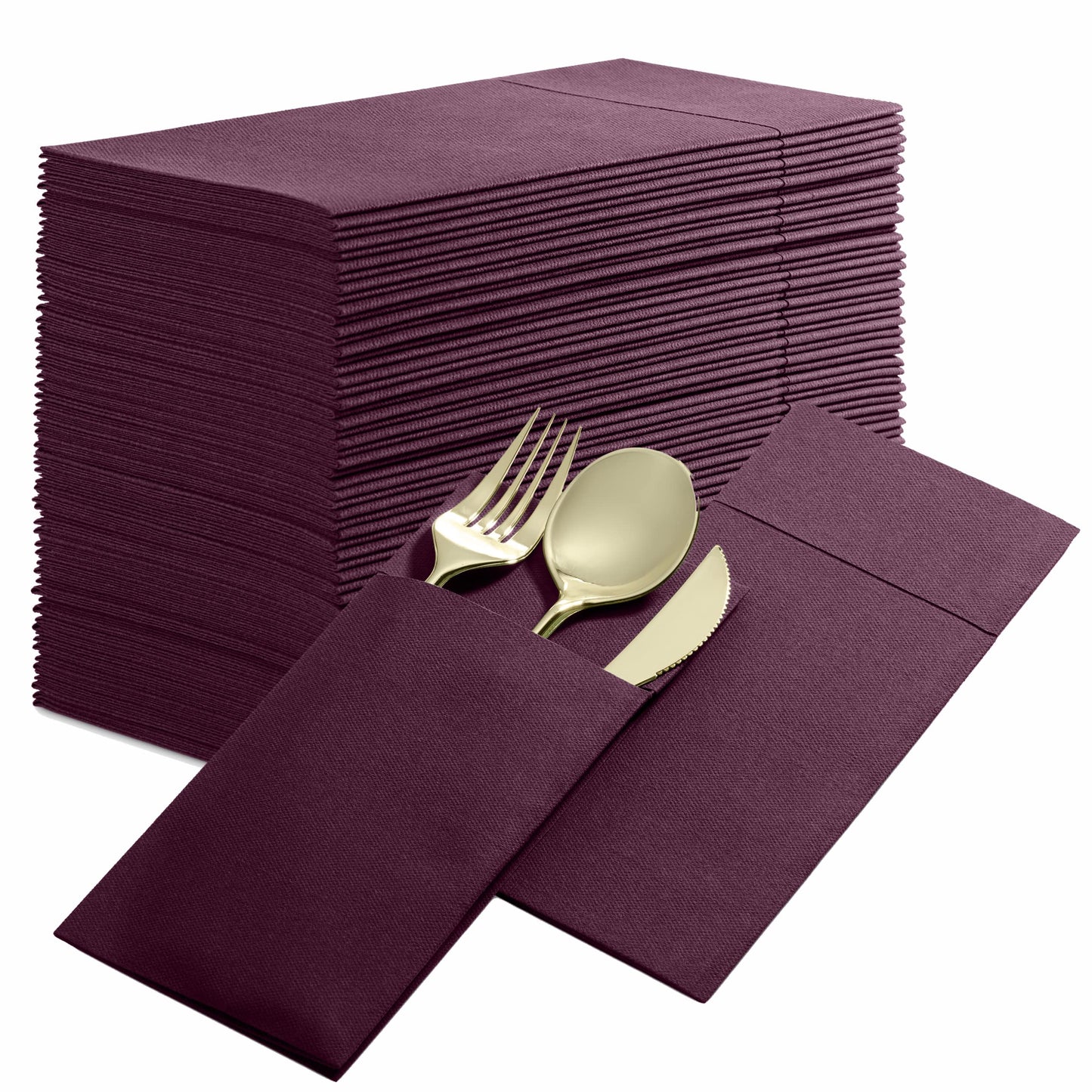 BG-CPDN-PLUM/50, BG-CPDN-PLUM/500, Plum BloominGoods 16x16 pocket dinner napkin with cutlery placed inside fold