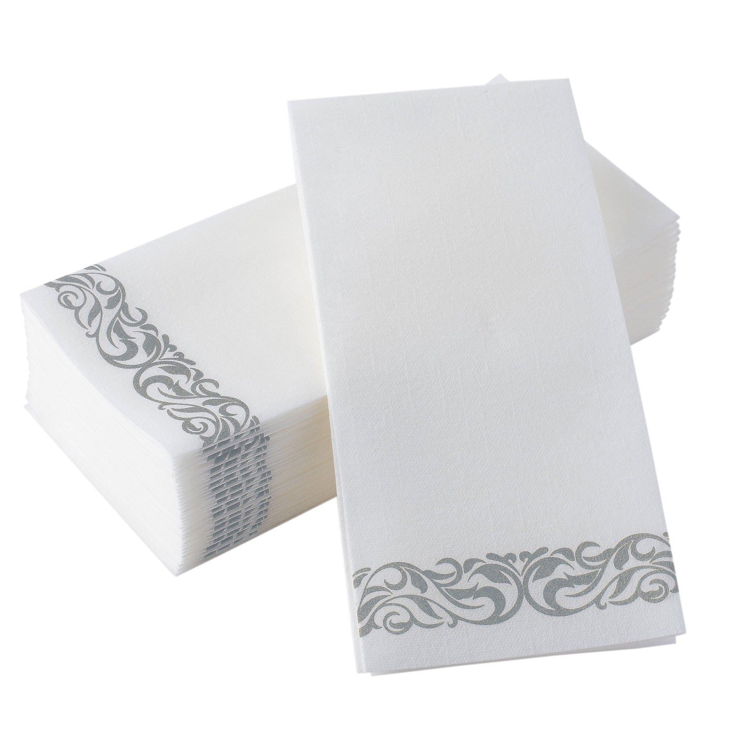 Airlaid guest towel with silver floral design for weddings and formal gatherings