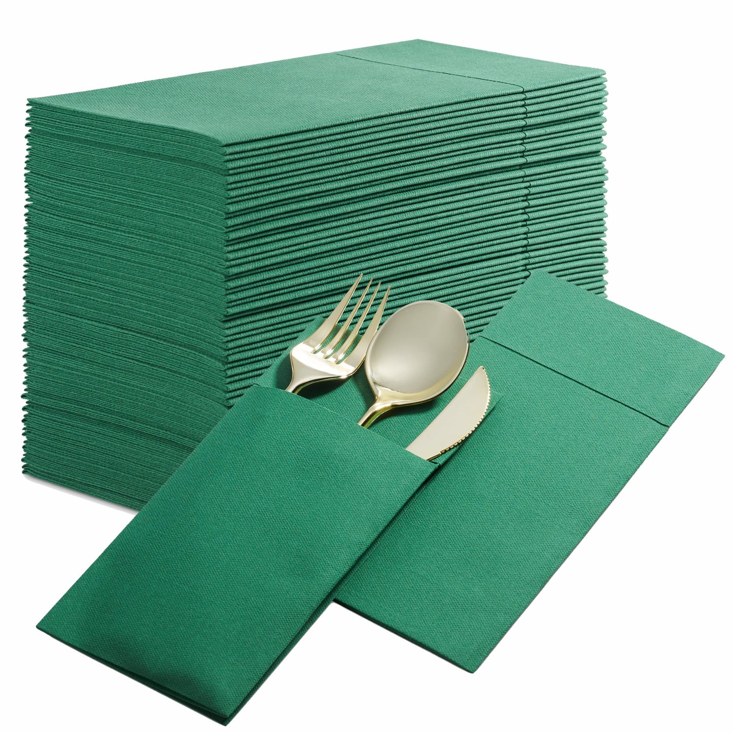 BG-CPDN-GREN/50, BG-CPDN-GREN/500, , Green BloominGoods 16x16 pocket dinner napkin with cutlery placed inside fold
